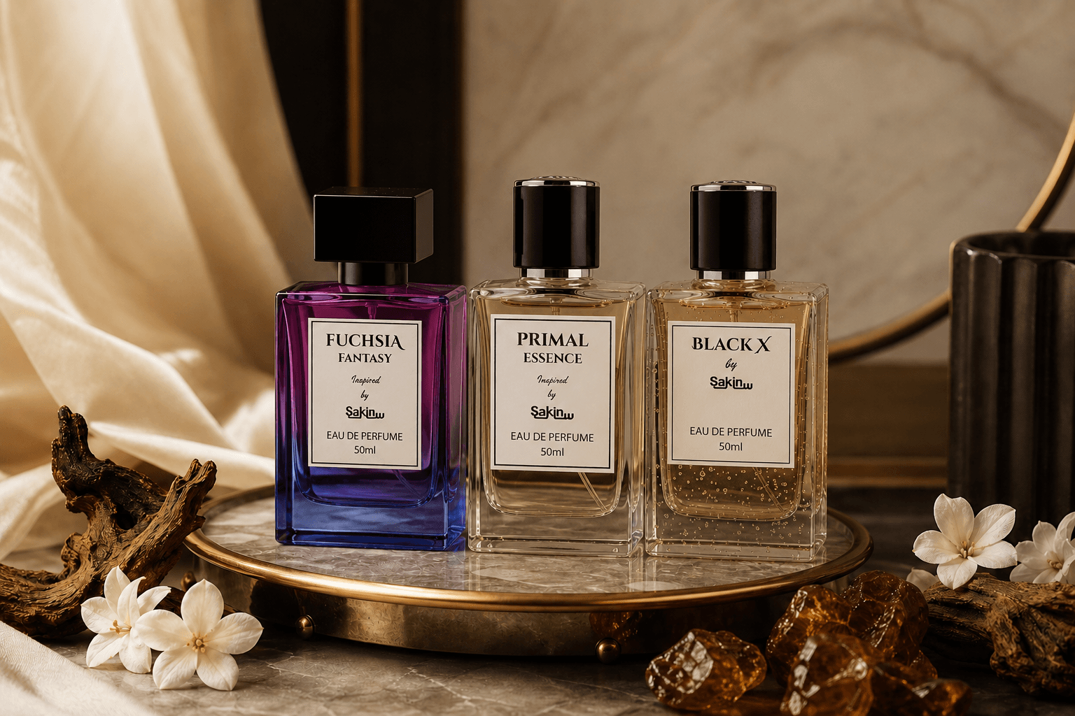 Curated group of premium perfume bottles arranged as best sellers