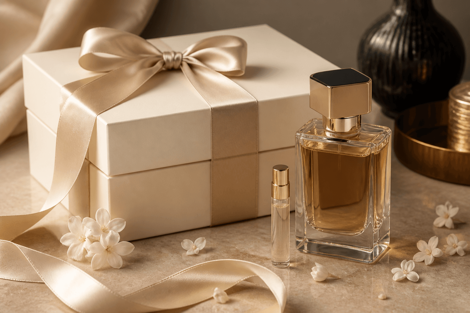 Luxury perfume gift set with elegant box, ribbon, and floral accents