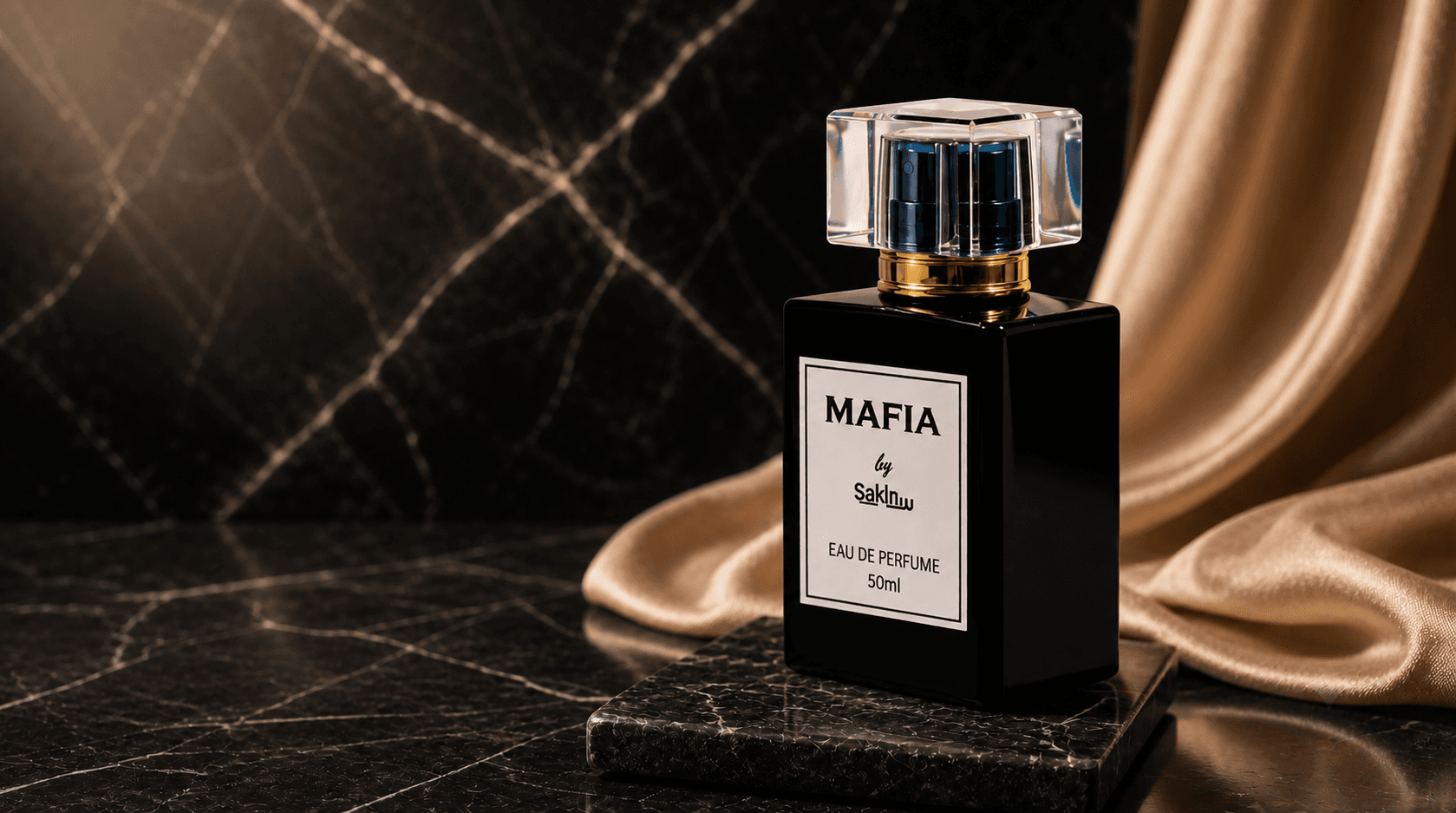 Masculine perfume bottle styled with oud wood, spice, charcoal marble, and gold accents