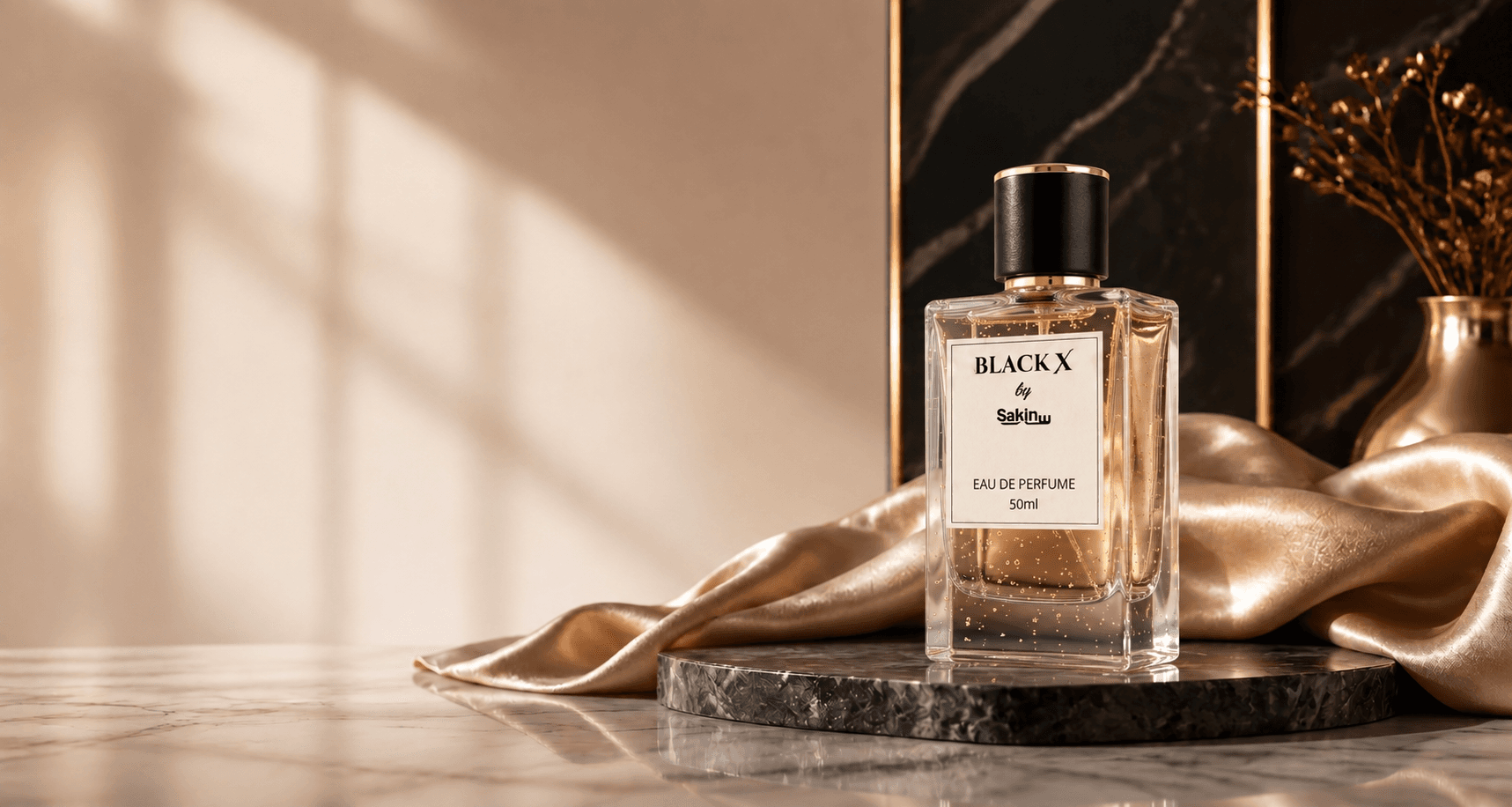 Luxury perfume bottle styled with cream silk, jasmine flowers, oud wood, and gold accents