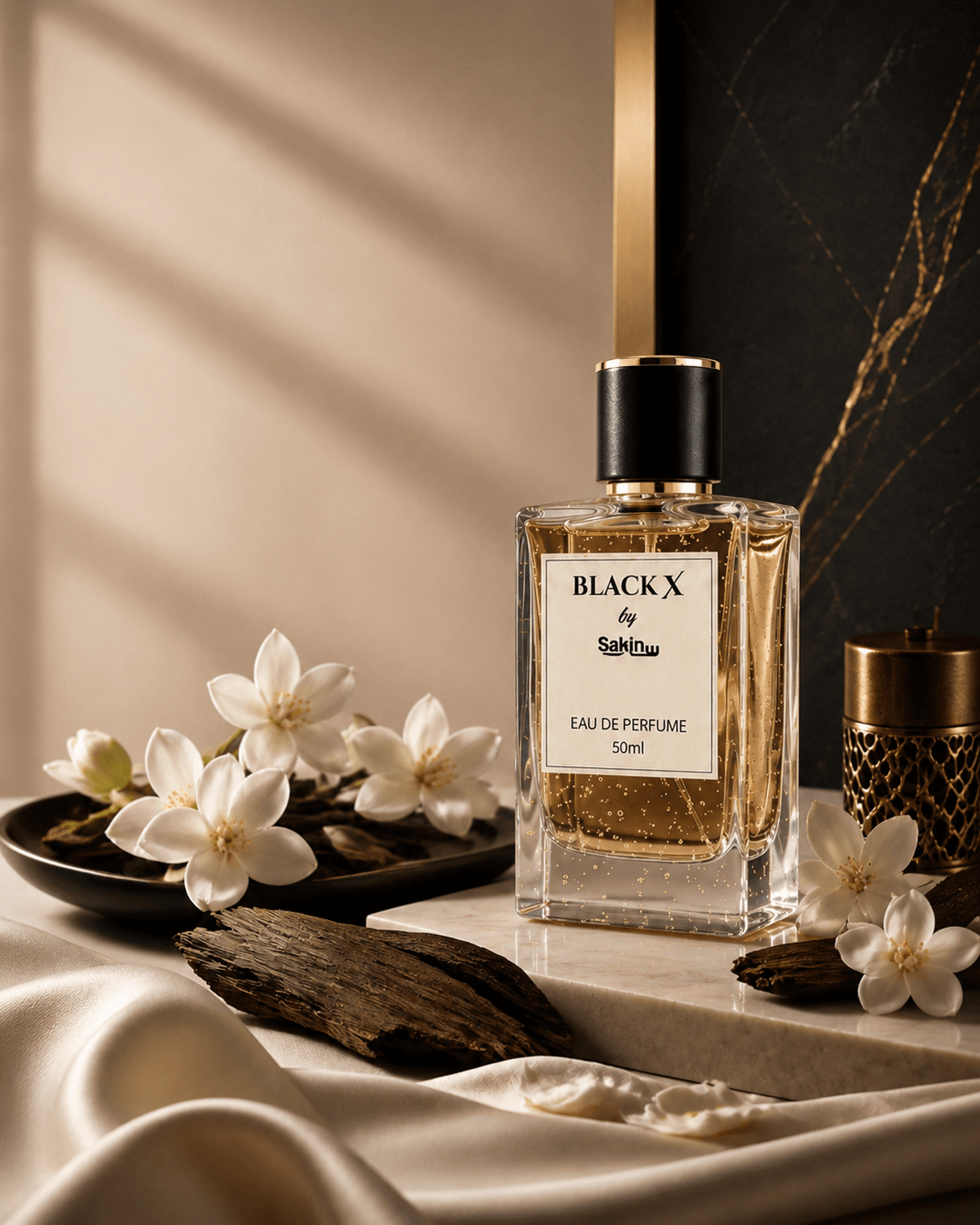 Luxury perfume bottle with jasmine flowers and oud wood in a warm premium setting